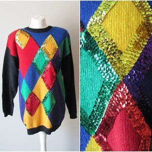 Long Vintage '80s '90s Sequin Harlequin Sweater